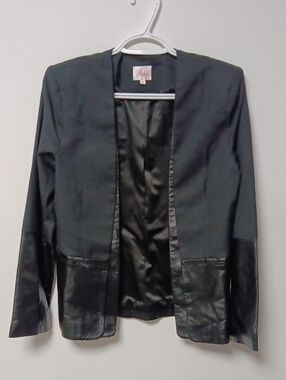 Parker Black Wool Open Blazer with Leather Trim